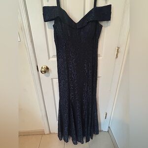 R&M Richards Navy Lace Off-Shoulder Evening Gown